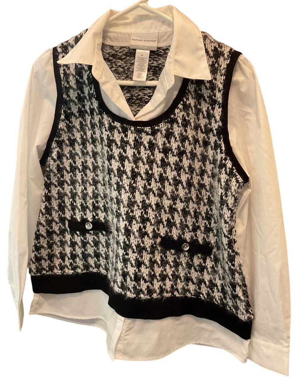Alfred Dunner Petite Large Houndstooth Sweater Vest Shirt Combo Preppy Business